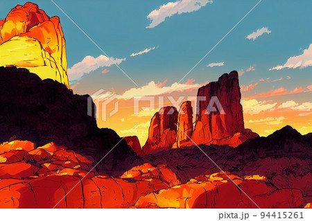 Red rocks at sunset in the canyon, Mountain rocksのイラスト素材 [94415261] - PIXTA