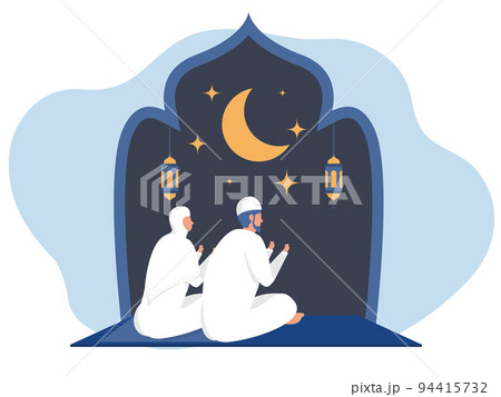 Muslim people praying in the Mosque at night,Arabian in traditional clothes for national religious holiday vector illustration. 94415732