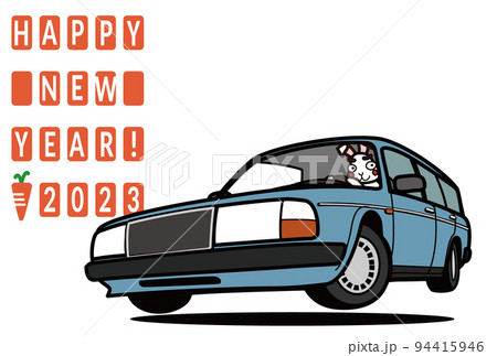 2023年年賀状　テンプレート　うさぎと雰囲気のある北欧ワゴン 94415946