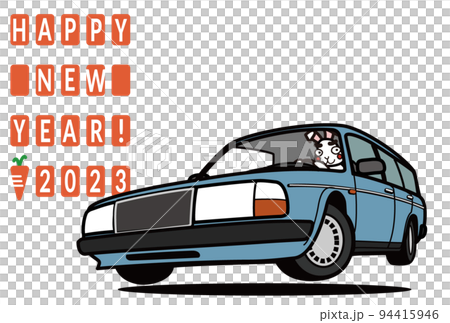 2023年年賀状　テンプレート　うさぎと雰囲気のある北欧ワゴン 94415946