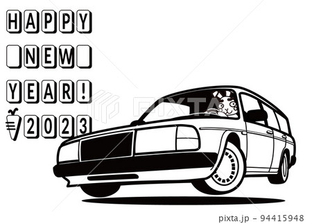 2023年年賀状　テンプレート　うさぎと雰囲気のある北欧ワゴン　モノクロ 94415948