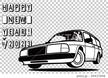 2023 年新年賀卡模板北歐旅行車單色與兔子 94415948