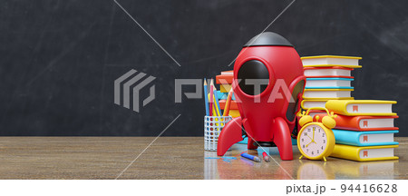 Red rocket with books and accessory on empty black chalkboard. Can be used background of learning or start-up launch new project. Red rocket with books and accessory on empty black chalkboard. Can be used background of learning or start-up launch new project. 94416628