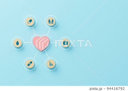Wood block with icon healthcare medical and heart shape. Insurance for your health care concept Wood block with icon healthcare medical and heart shape. Insurance for your health care concept 94416792