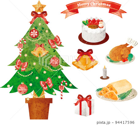 クリスマス 飾り クリスマスツリー ローストチキン ケーキ プレゼント 水彩 イラスト素材セットのイラスト素材 クリスマス 飾り クリスマスツリー ローストチキン ケーキ プレゼント 水彩 イラスト素材セットのイラスト素材