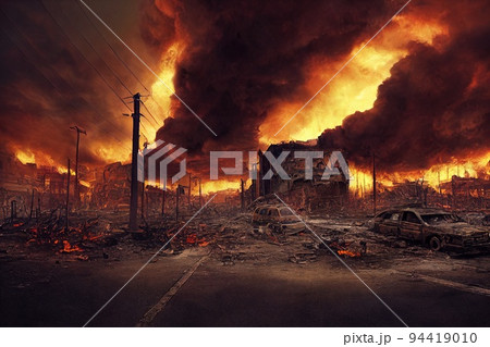 A post-apocalyptic ruined city. Destroyed buildings, burnt-out vehicles and ruined roads. Buildings on fire, smoke, smog, dust and fires. 3D rendering 94419010