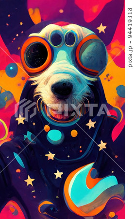 Abstract surrealistic animal astronaut in space. Lots of colored colors, rainbows and multicolored smoke. Colorful wonderful dream abstraction. 94419318