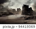 A post-apocalyptic ruined city. Destroyed buildings, burnt-out vehicles and ruined roads. 3D rendering 94419369