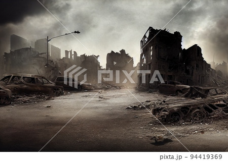 A post-apocalyptic ruined city. Destroyed buildings, burnt-out vehicles and ruined roads. 3D rendering 94419369