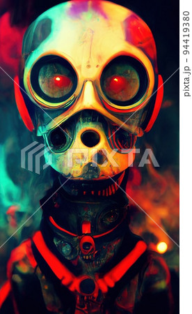 Creepy infernal zombie in a gas mask. The concept of a nightmarish zombie from the hellscape. Creepy infernal zombie in a gas mask. The concept of a nightmarish zombie from the hellscape. 94419380