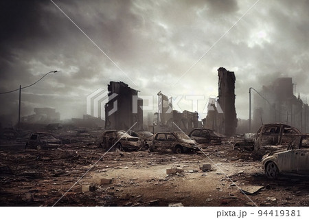 A post-apocalyptic ruined city. Destroyed buildings, burnt-out vehicles and ruined roads. 3D rendering 94419381