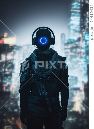 Realistic portrait of a sci-fi cyberpunk girl in a cyber suit. High-tech futuristic man from the future. The concept of virtual reality and cyberpunk. 3D render. 94419434