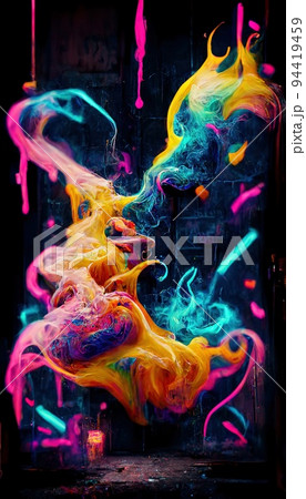Abstract smoke multicolored on black background. A wall splattered with colored paint, surrounded by colored smoke. Perfect for phone wallpaper or for posters 94419459