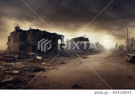 A post-apocalyptic ruined city. Destroyed buildings, burnt-out vehicles and ruined roads. 3D rendering 94419643