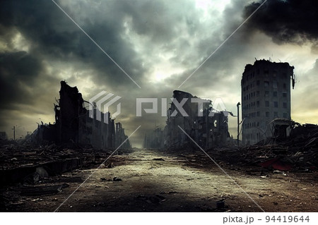 A post-apocalyptic ruined city. Destroyed buildings, burnt-out vehicles and ruined roads. 3D rendering A post-apocalyptic ruined city. Destroyed buildings, burnt-out vehicles and ruined roads. 3D rendering 94419644