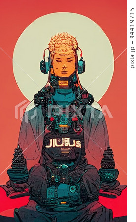 Portrait of Buddha in a futuristic cyberpunk style. A high-tech Buddha from the future. The concept of virtual reality and cyberpunk. 94419715