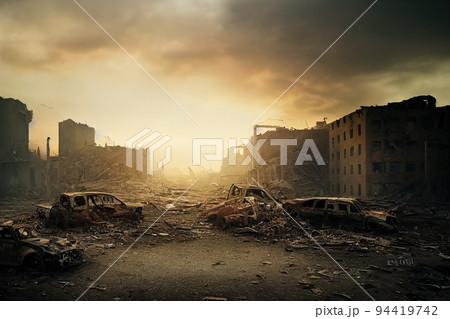 A post-apocalyptic ruined city. Destroyed buildings, burnt-out vehicles and ruined roads. 3D rendering A post-apocalyptic ruined city. Destroyed buildings, burnt-out vehicles and ruined roads. 3D rendering 94419742