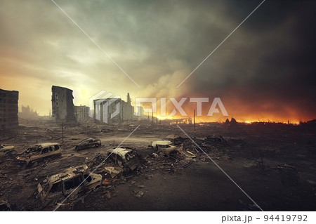 A post-apocalyptic ruined city. Destroyed buildings, burnt-out vehicles and ruined roads. 3D rendering 94419792