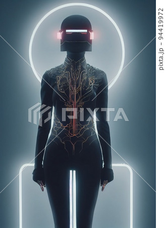A cyberpunk portrait of an attractive woman in the unusual clothing of the future. Fashion of the future and the cyberpunk concept. 3D rendering A cyberpunk portrait of an attractive woman in the unusual clothing of the future. Fashion of the future and the cyberpunk concept. 3D rendering 94419972