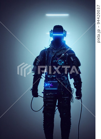 Realistic portrait of a sci-fi cyberpunk men in a cyber suit. High-tech futuristic man from the future. The concept of virtual reality and cyberpunk. 3D render. 94420037