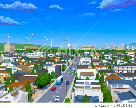 住宅街CG　風車　エコ　再生可能エネルギー　SDGS 　背景 94420142