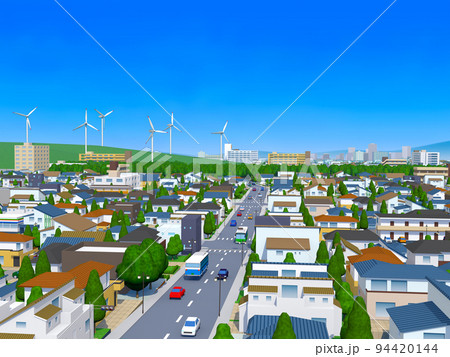 住宅街CG　風車　エコ　再生可能エネルギー　SDGS 　背景 94420144