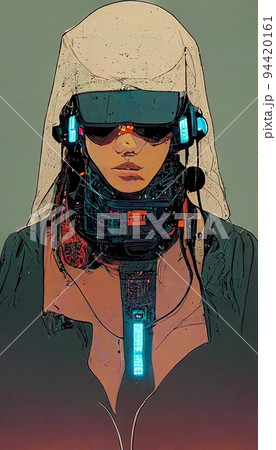 Portrait of a man in a futuristic cyberpunk style in a cyber suit. A high-tech man from the future. The concept of virtual reality and cyberpunk. 94420161