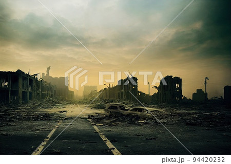 A post-apocalyptic ruined city. Destroyed buildings, burnt-out vehicles and ruined roads. 3D rendering 94420232