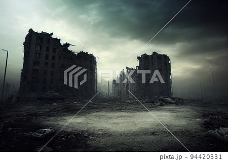A post-apocalyptic ruined city. Destroyed buildings, burnt-out vehicles and ruined roads. 3D rendering A post-apocalyptic ruined city. Destroyed buildings, burnt-out vehicles and ruined roads. 3D rendering 94420331