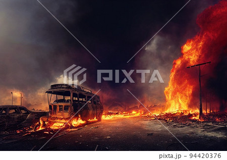 A post-apocalyptic ruined city. Destroyed buildings, burnt-out vehicles and ruined roads. Buildings on fire, smoke, smog, dust and fires. 3D rendering A post-apocalyptic ruined city. Destroyed buildings, burnt-out vehicles and ruined roads. Buildings on fire, smoke, smog, dust and fires. 3D rendering 94420376