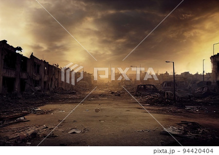 A post-apocalyptic ruined city. Destroyed buildings, burnt-out vehicles and ruined roads. 3D rendering 94420404