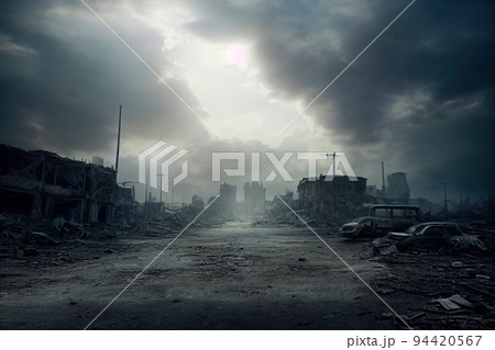 A post-apocalyptic ruined city. Destroyed buildings, burnt-out vehicles and ruined roads. 3D rendering 94420567