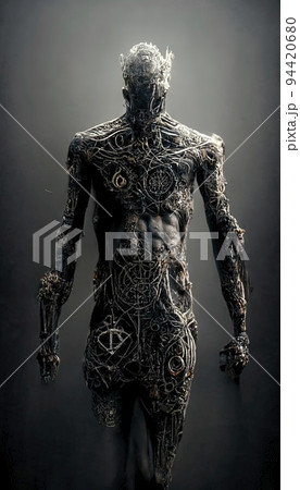 Gothic dystopian horror scene with a gothic man. Artistic abstract gothic fantasy. Creepy nightmare man. Dark gothic concept. 3D Rendering. 94420680