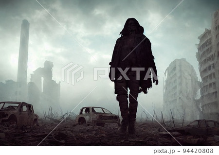 A stalker survivor in protective clothing and an old gas mask against the apocalyptic backdrop of a destroyed city. Survivor of nuclear war. 3d rendering A stalker survivor in protective clothing and an old gas mask against the apocalyptic backdrop of a destroyed city. Survivor of nuclear war. 3d rendering 94420808