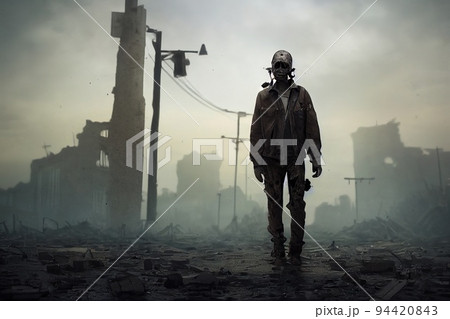 A stalker survivor in protective clothing and an old gas mask against the apocalyptic backdrop of a destroyed city. Survivor of nuclear war. 3d rendering A stalker survivor in protective clothing and an old gas mask against the apocalyptic backdrop of a destroyed city. Survivor of nuclear war. 3d rendering 94420843