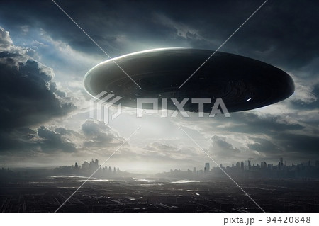 An alien saucer hovering over the city. UFO, alien invasion, unidentified flying object, visitors from space. The concept of space travel and extraterrestrial life. 3D render 94420848