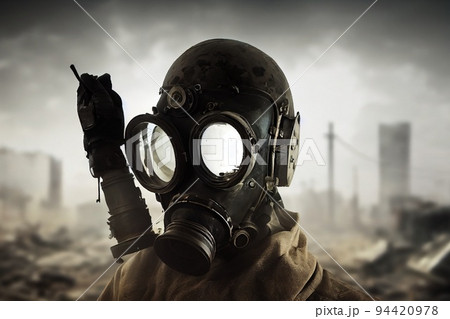 Portrait of a stalker survivor in hazmat and wearing an old gas mask against an apocalyptic background. Survivor of nuclear war. 3d rendering Portrait of a stalker survivor in hazmat and wearing an old gas mask against an apocalyptic background. Survivor of nuclear war. 3d rendering 94420978