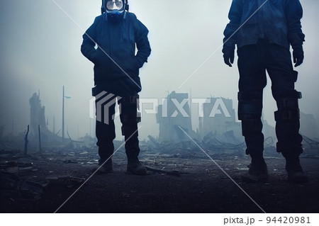 A stalker survivors in protective clothing and an old gas mask against the apocalyptic backdrop of a destroyed city. Survivors of nuclear war. 3d rendering A stalker survivors in protective clothing and an old gas mask against the apocalyptic backdrop of a destroyed city. Survivors of nuclear war. 3d rendering 94420981