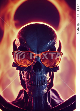 Portrait of a cyberpunk zombie skeleton from hell with fancy sunglasses.  Halloween Concept. 3D rendering. Stock Illustration