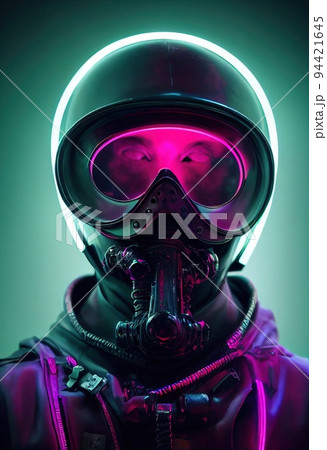A stalker survivor in protective clothing and an neon gas mask. Survivor of nuclear war. 3d rendering A stalker survivor in protective clothing and an neon gas mask. Survivor of nuclear war. 3d rendering 94421645