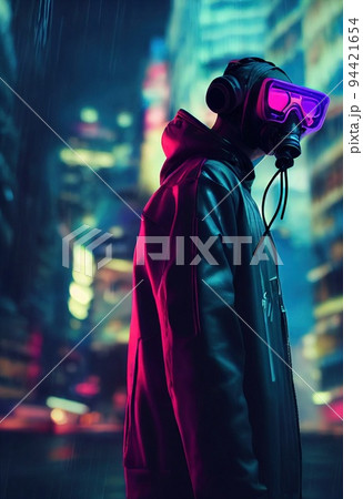 A stalker survivor in protective clothing and an neon gas mask. Survivor of nuclear war. 3d rendering A stalker survivor in protective clothing and an neon gas mask. Survivor of nuclear war. 3d rendering 94421654