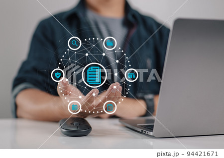 Document management data system containing a document icon. management system for company data. Business Internet Technology Privacy and Data Protection Concept. 94421671