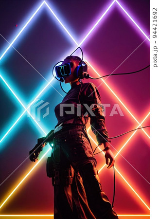 Realistic portrait of a sci-fi cyberpunk girl. High-tech futuristic woman from the future. The concept of virtual reality and cyberpunk. 3D render. 94421692