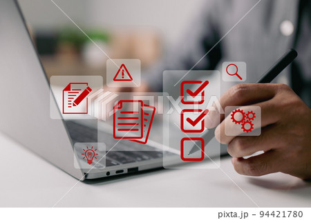 The concept of standard quality control and certification assurance, represented by a checkbox emblem of guarantee. 94421780
