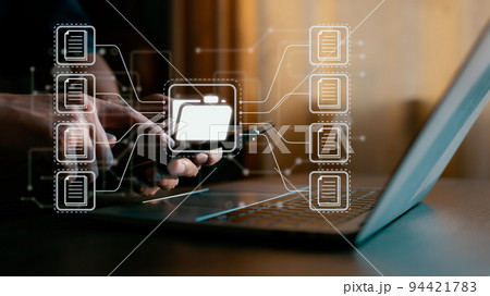 Document Management System (DMS), online documentation database, and process automation to efficiently manage files, knowledge, and documents in a company using ERP. Corporate business technology. 94421783