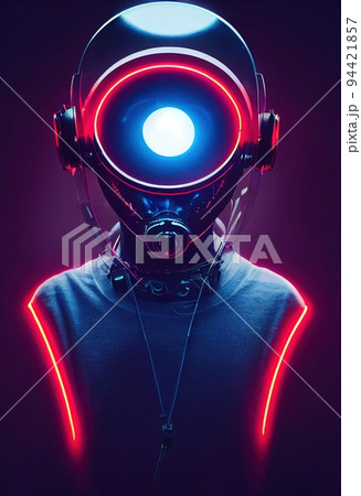 Portrait of a sci-fi cyberpunk girl. High-tech futuristic woman from the future. The concept of virtual reality and cyberpunk. 3D render. Portrait of a sci-fi cyberpunk girl. High-tech futuristic woman from the future. The concept of virtual reality and cyberpunk. 3D render. 94421857
