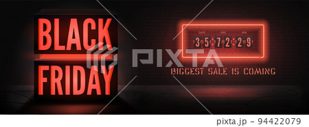 Red glowing black friday wide banner template with neon countdown timer on dark background Red glowing black friday wide banner template with neon countdown timer on dark background 94422079