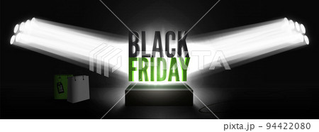 Black friday sale modern wide vector poster with podium spotlights and bags 94422080
