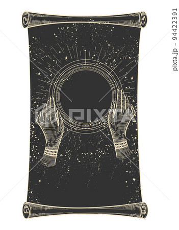 Magic scroll for halloween, hands hold a crystal ball of predictions. Black sheet of paper with a pattern isolated on a white background. Vector hand drawing illustration for a witch. Magic scroll for halloween, hands hold a crystal ball of predictions. Black sheet of paper with a pattern isolated on a white background. Vector hand drawing illustration for a witch. 94422391