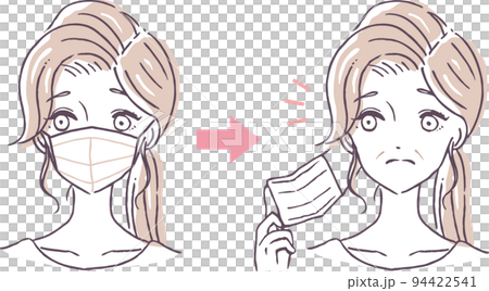 しわ・ほうれい線に悩むマスクを着けた女性のイラスト素材　 94422541